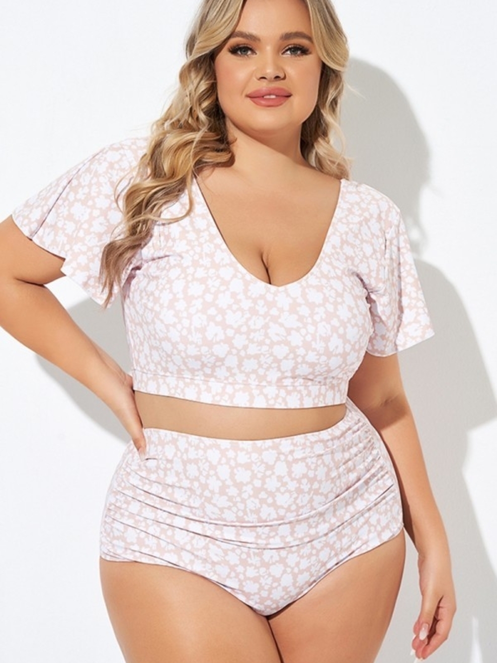 Floral Print V-neck Flutter Sleeve Bikini Top High Waist Bottom Size 2X